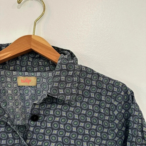Tulip Clothing Tunic Button Down Small Blue Geometric Lagenlook Cotton Shirt - Picture 2 of 7
